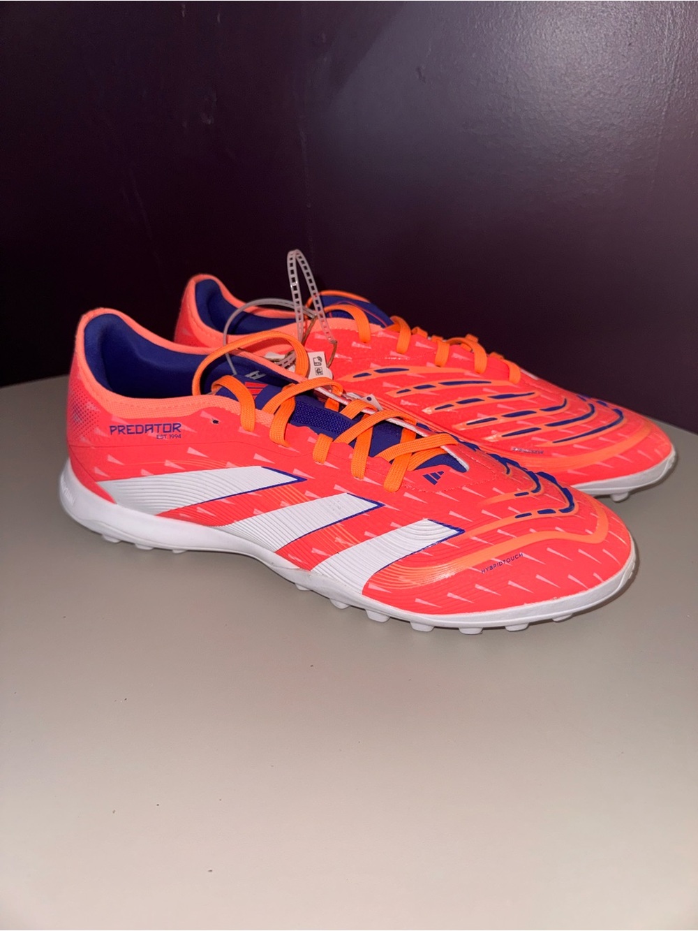 adidas Predator pro Turf Shoes - Neon Orange & White with Blue Accents